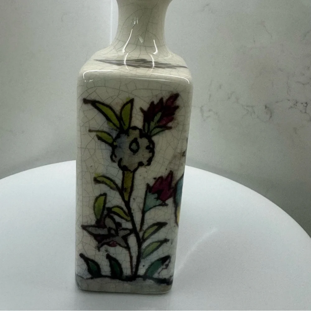 Pottery Barn Ikat Crackled Flower Vase Floral Birds Deer